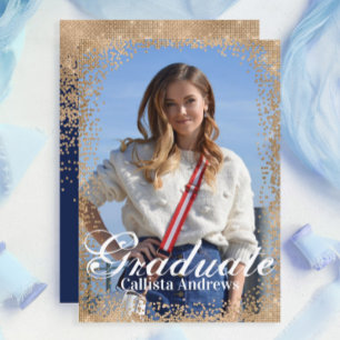 Chic Navy Gold Glitzer Confetti Foto Abschluss Einladung