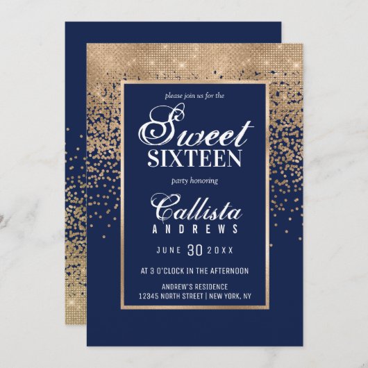 Chic Navy Gold Glitzer Confetti Foto Sweet 16 Einladung (Vorne/Hinten)