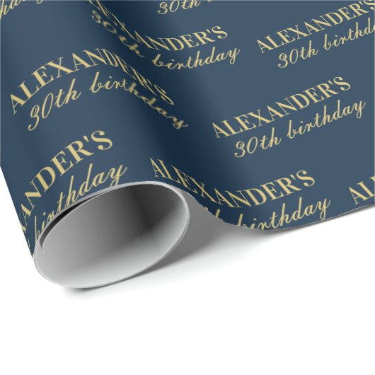 Chic Navy Gold Name Age Birthday Geschenkpapier (Rolleneckpunkt)