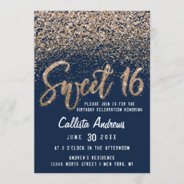 Chic Navy Gold Scattered Glitzer Ombre Sweet 16 Einladung