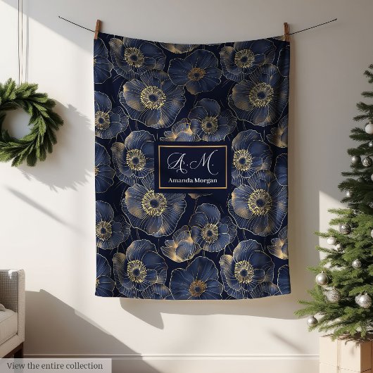 Chic Navy Gold Throw Elegant Monogram Gift Idea Fleecedecke