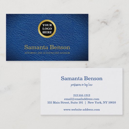 Chic Navy Leather Professional Round Gold Logo Visitenkarte (Vorne/Hinten)