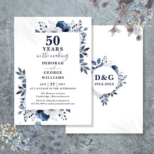 Chic Navy Monogram zum 50. Hochzeitstag Einladung
