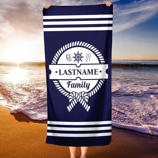 Chic Navy Nautic Rope Personalisiert Beach Handtuc Strandtuch