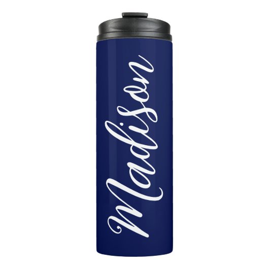 Chic Navy Personalisierter Name in White Script Thermosbecher (Vorderseite)