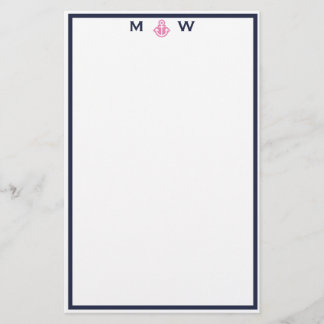 Chic Navy & Pink Anchor Monogram Stationierung Briefpapier