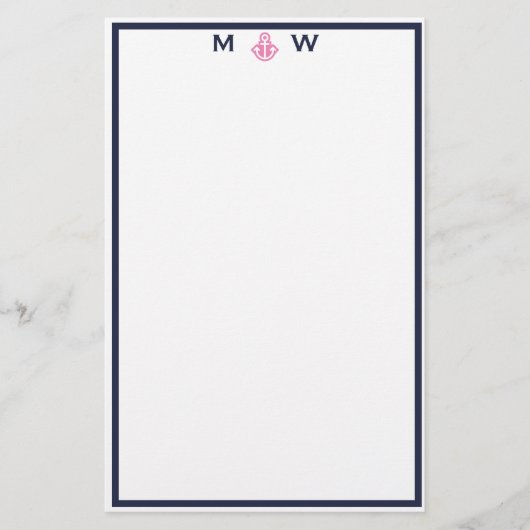 Chic Navy & Pink Anchor Monogram Stationierung Briefpapier (Vorderseite)