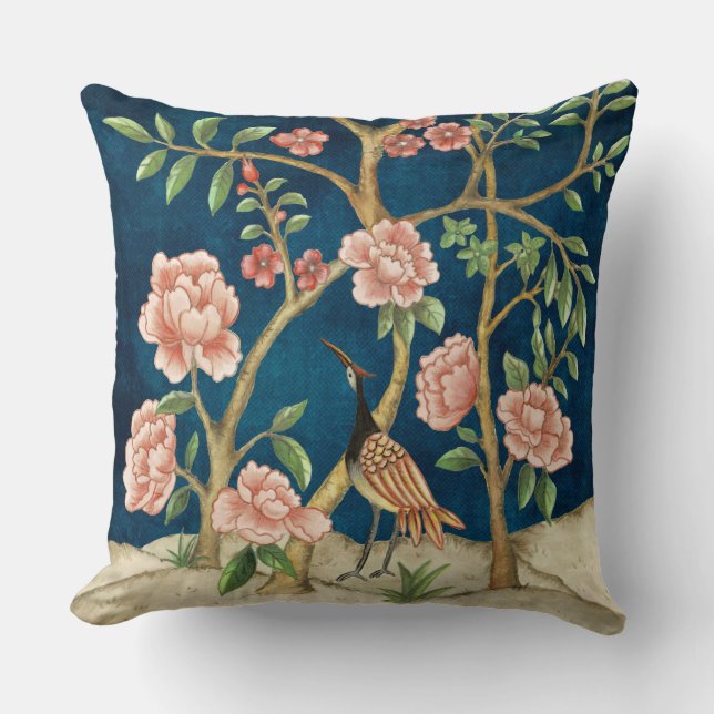 Chic Navy Pink Chinoiserie Floral Bird Grüne Kissen (Vorderseite)