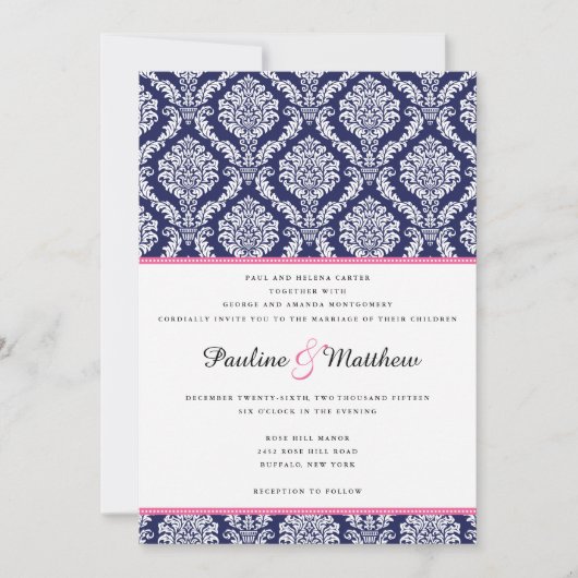 Chic Navy & Pink Damask Hochzeit Einladung (Vorderseite)