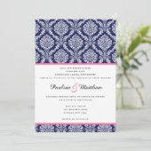 Chic Navy & Pink Damask Hochzeit Einladung (Stehend Vorderseite)