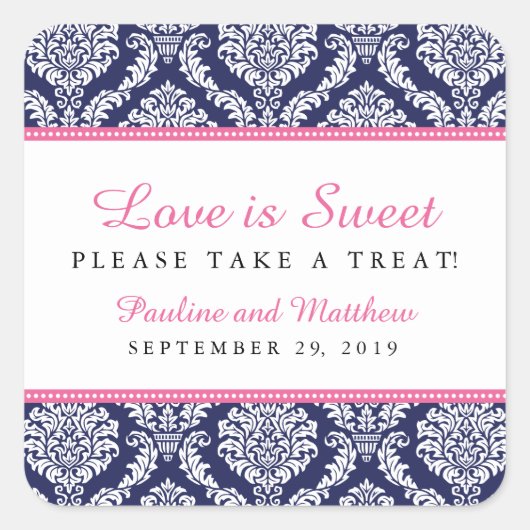 Chic Navy & Pink Damask Wedding Quadratischer Aufkleber (Vorderseite)