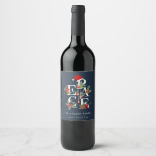 Chic Navy Red Green White Peace Christmas Folies Weinetikett
