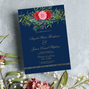 Chic Navy Rosa Rosa Rosa Goldblume Hochzeit Einladung