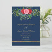 Chic Navy Rosa Rosa Rosa Goldblume Hochzeit Einladung (Stehend Vorderseite)