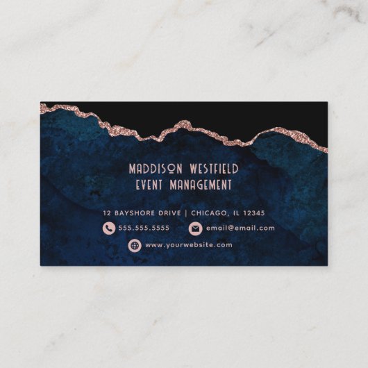 Chic Navy Rose Agate Visitenkarte (Rückseite)