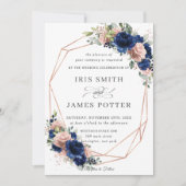 Chic Navy Rose Gold Blush Floral Wedding Geometric Einladung (Vorderseite)