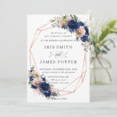 Chic Navy Rose Gold Blush Floral Wedding Geometric Einladung (Stehend Vorderseite)