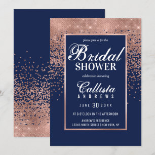 Chic Navy Rose Gold Glitzer Confetti Brautparty Einladung