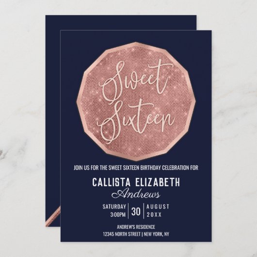 Chic Navy Rose Gold Glitzer Polygon Geo Sweet 16 Einladung (Vorne/Hinten)