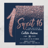 Chic Navy Rose Gold Scattered Glitzer Sweet 16 Einladung (Vorne/Hinten)