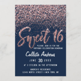 Chic Navy Rose Gold Scattered Glitzer Sweet 16 Einladung
