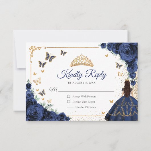 Chic Navy Roses Gold Quinceanera Reply RSVP Karte (Vorderseite)