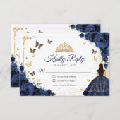 Chic Navy Roses Gold Quinceanera Reply RSVP Karte (Vorne/Hinten)