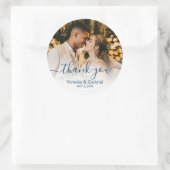 Chic Navy Script Foto Wedding Foto Vielen Dank Runder Aufkleber (Tasche)