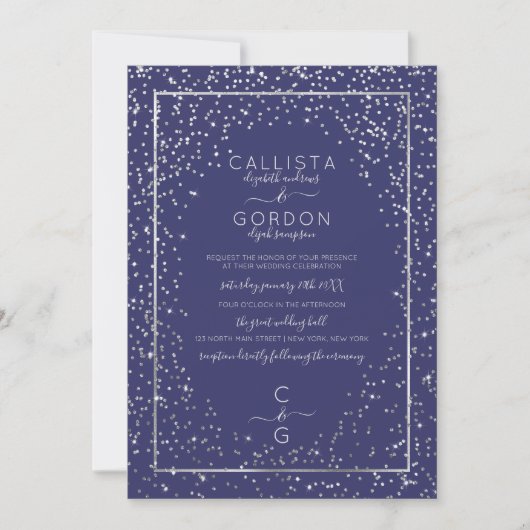 Chic Navy Silver Glitzer Confetti Border Wedding Einladung (Vorderseite)