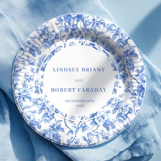 Chic navy toile roses wedding party paper plates pappteller
