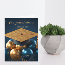 Chic Navy und Gold Graduation Cap and Balloons