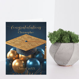 Chic Navy und Gold Graduation Cap and Balloons Karte