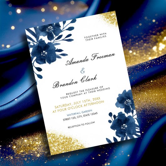 Chic Navy Wasserfarbe Blume Gold Glitzer Hochzeit Einladung