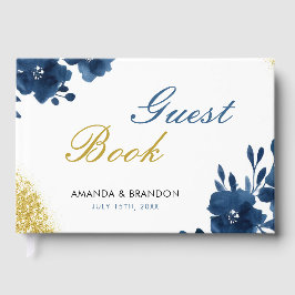 Chic Navy Wasserfarbe Blume Gold Glitzer Hochzeit Gästebuch