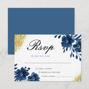 Chic Navy Wasserfarbe Blume Gold Glitzer Hochzeit RSVP Karte