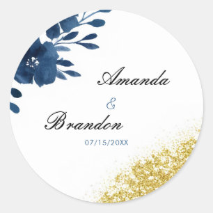 Chic Navy Wasserfarbe Blume Gold Glitzer Hochzeit Runder Aufkleber