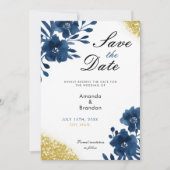 Chic Navy Wasserfarbe Blume Gold Glitzer Hochzeit Save The Date (Vorderseite)