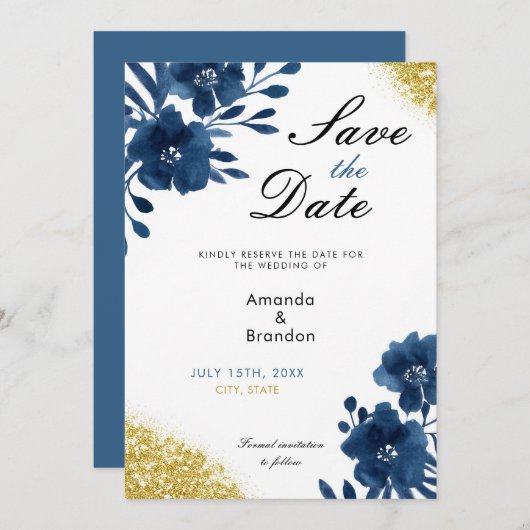 Chic Navy Wasserfarbe Blume Gold Glitzer Hochzeit Save The Date (Vorne/Hinten)