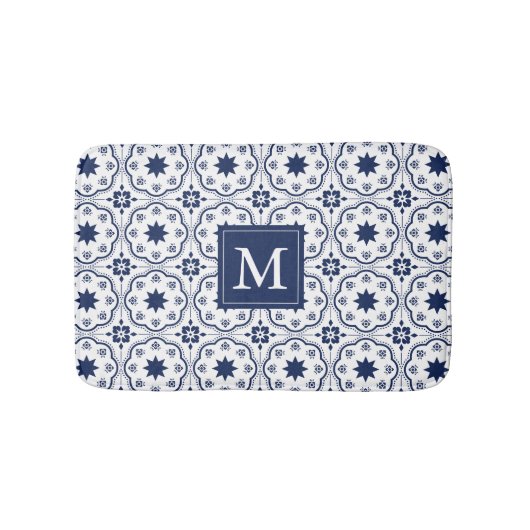 Chic Navy & White marokkanische Blumenmuster Monog Badematte (Vorderseite)