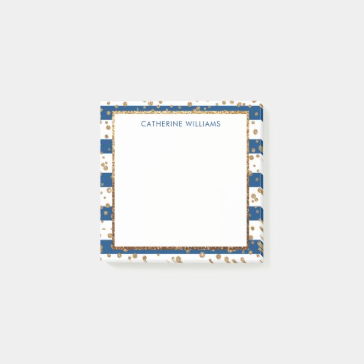 Chic Navy White Strip Gold Glitzer Confetti Post-it Klebezettel (Vorderseite)
