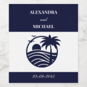 Chic Navy White Stripe Palm Tree Coastal Hochzeit Weinetikett (Einzelnes Label)