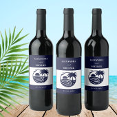 Chic Navy White Stripe Palm Tree Coastal Hochzeit Weinetikett