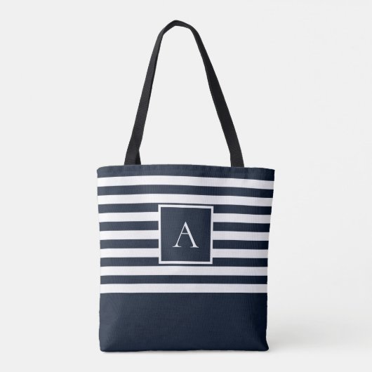 CHIC NAVY WHITE STRIPE Square Letter Monogram Tasche (Rückseite)