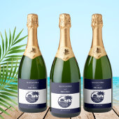 Chic Navy White Stripes Palm Tree Coastal Hochzeit Schaumweinetikett