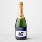 Chic Navy White Stripes Palm Tree Coastal Hochzeit Schaumweinetikett (Vorderseite)