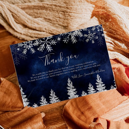 Chic Navy Winter Silber Pine Hochzeit Dankeskarte