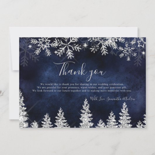 Chic Navy Winter silver snow pine wedding Dankeskarte (Vorderseite)
