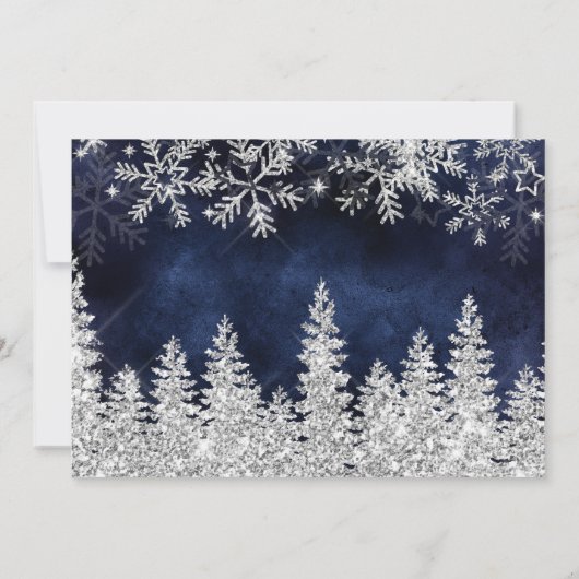 Chic Navy Winter silver snow pine wedding Dankeskarte (Rückseite)