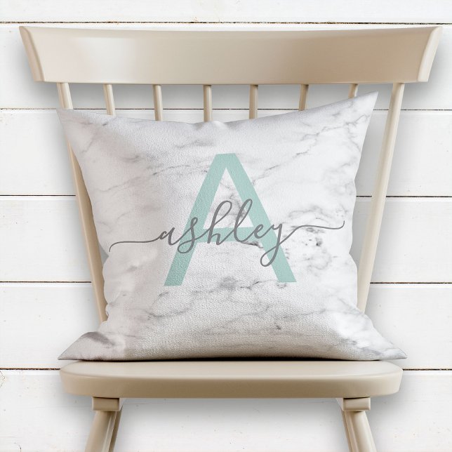 chic Neo Mint & Gray Marble Name Monogram Kissen (Von Creator hochgeladen)