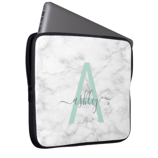 Chic Neo Mint White Marble Script Name Monogram Laptopschutzhülle (Vorne Rechts)